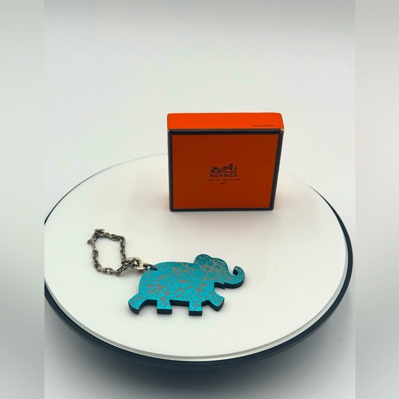 HERMES Charm Animal Motif Elephant Blue Gray Leather 925 Silver Bag Chain - Picture 1 of 8